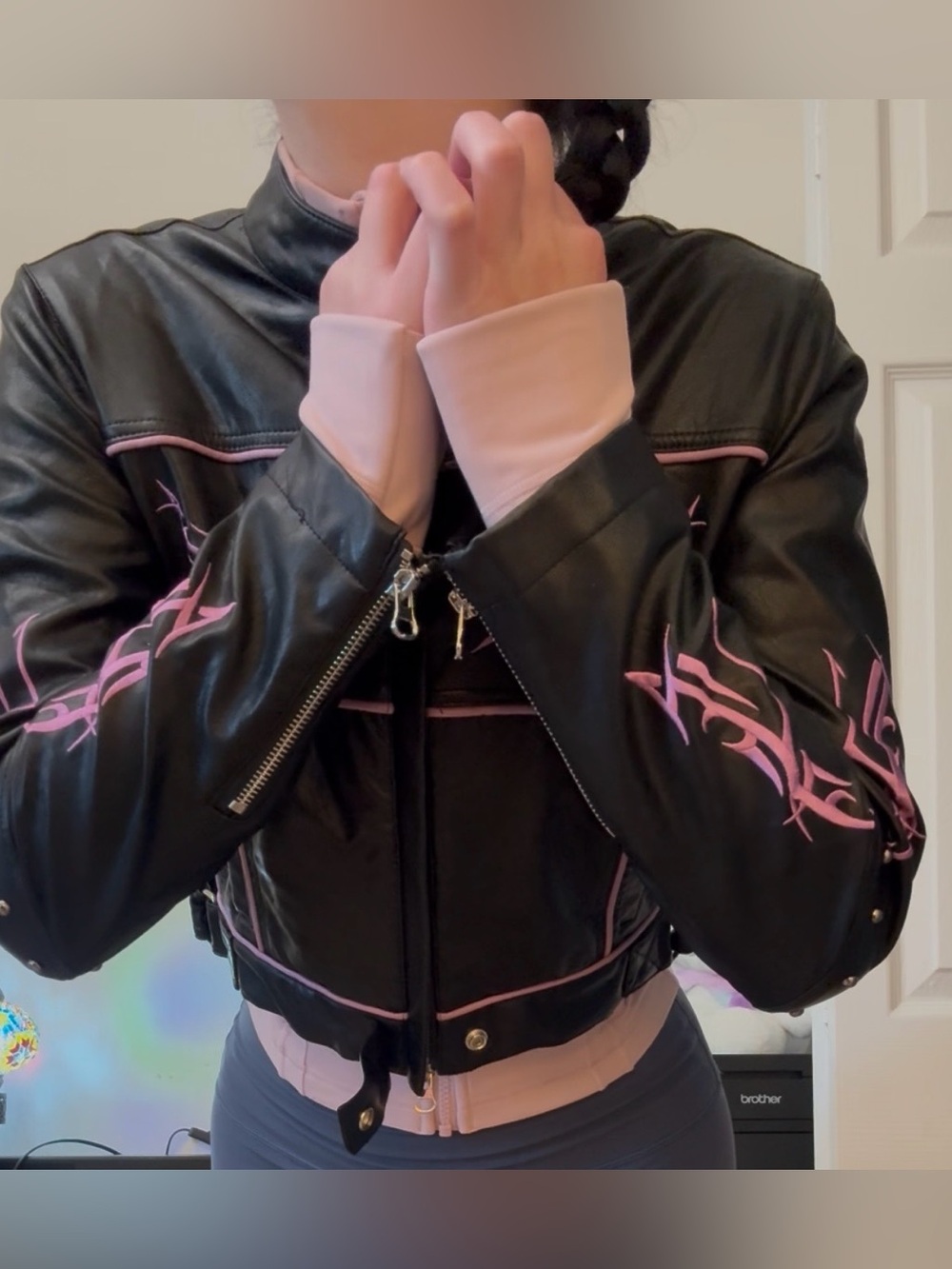 Dollskill motorcycle Black Faux Leather Jacket with Pink Trim